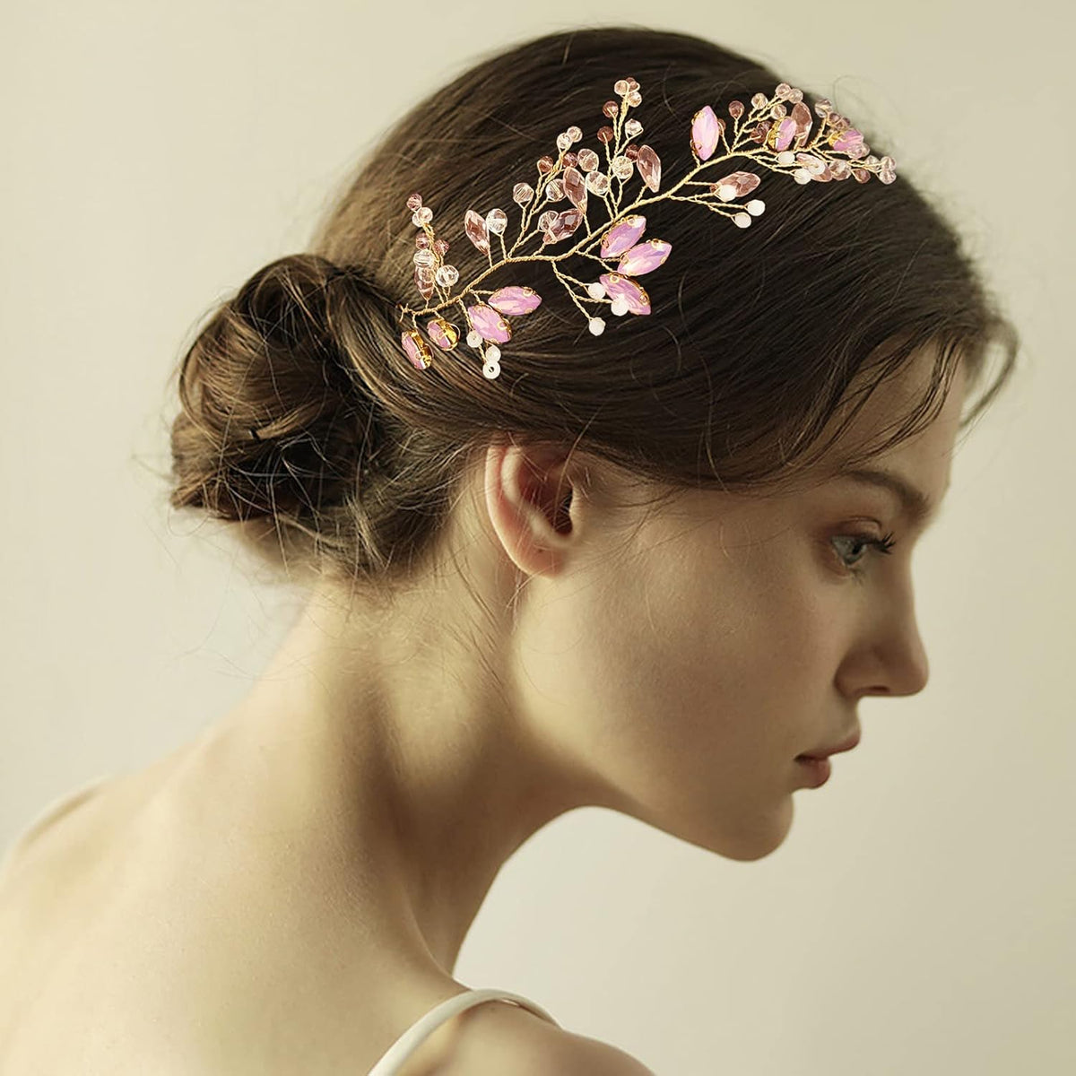 Pink Opal Crystal Headpiece Wedding Bridal Rhinestone Hair Vine Piece Accessories for Bridesmaid Women Girls Party