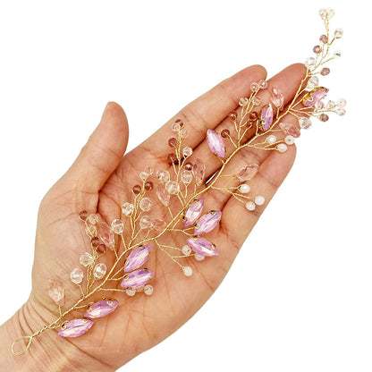 Pink Opal Crystal Headpiece Wedding Bridal Rhinestone Hair Vine Piece Accessories for Bridesmaid Women Girls Party