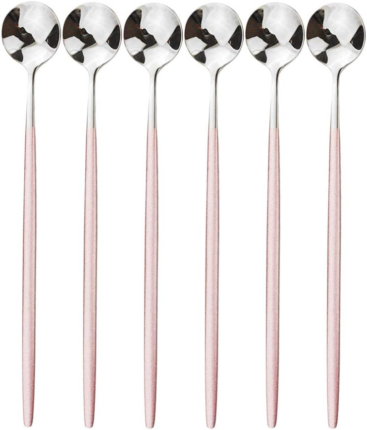 Pink Silver Long Handled 304 Stainless Steel Cutlery Ice Cream Tea Spoons Mixing Spoon Dinnerware Tableware Kitchen Service Party Set 6 pieces