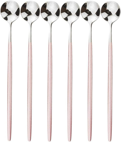 Pink Silver Long Handled 304 Stainless Steel Cutlery Ice Cream Tea Spoons Mixing Spoon Dinnerware Tableware Kitchen Service Party Set 6 pieces