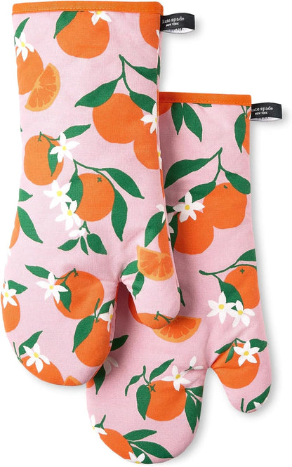 Squeeze The Day Oven Mitt 2-Pack Set, Heat Resistant, 100% Cotton, Orange/Pink, 7"x13"