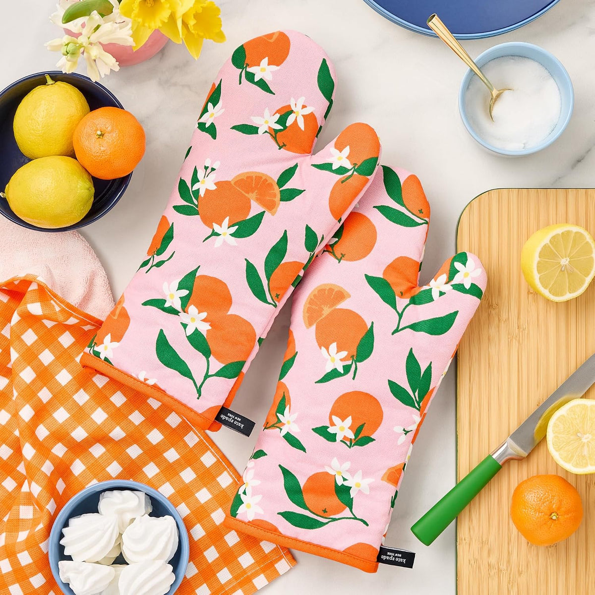 Squeeze The Day Oven Mitt 2-Pack Set, Heat Resistant, 100% Cotton, Orange/Pink, 7"x13"