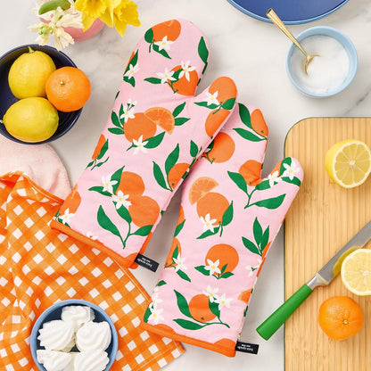 Squeeze The Day Oven Mitt 2-Pack Set, Heat Resistant, 100% Cotton, Orange/Pink, 7"x13"