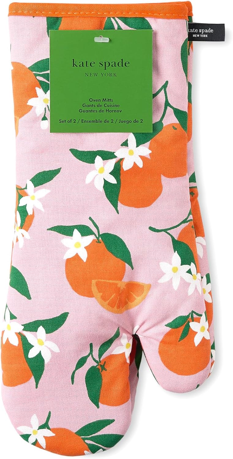 Squeeze The Day Oven Mitt 2-Pack Set, Heat Resistant, 100% Cotton, Orange/Pink, 7"x13"