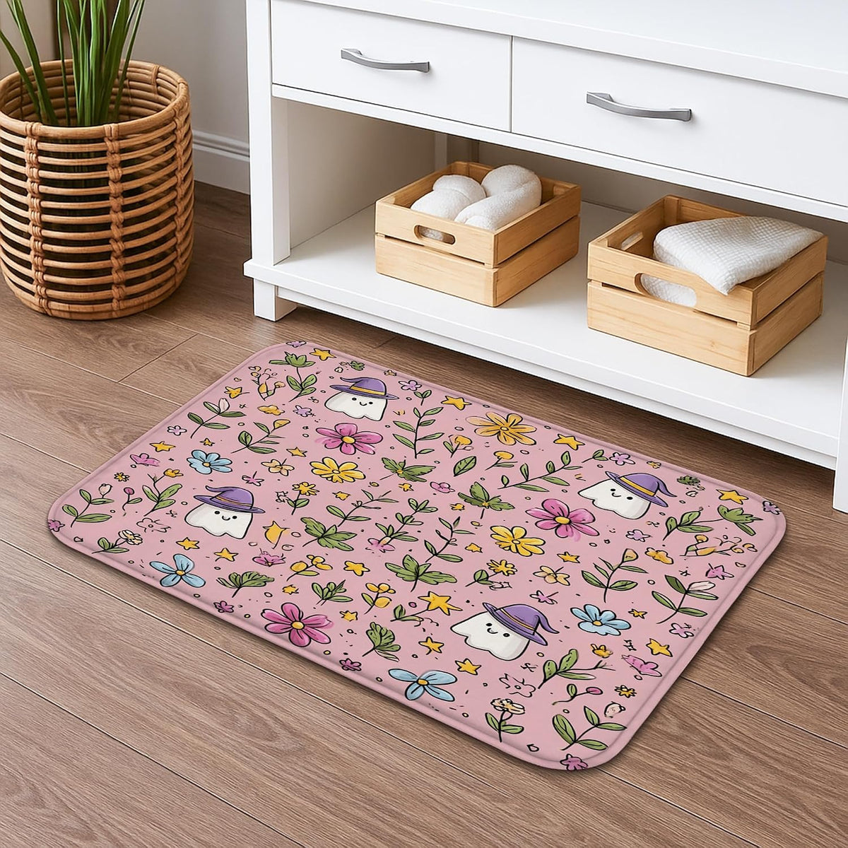 Floral Quick Dry Bath Mat, Cute Peach Flowers Pattern Absorbent Non Slip Shower Mat, Spring Memory Foam Washable Bath Rugs for Bathroom Decorative 20x32 Inch