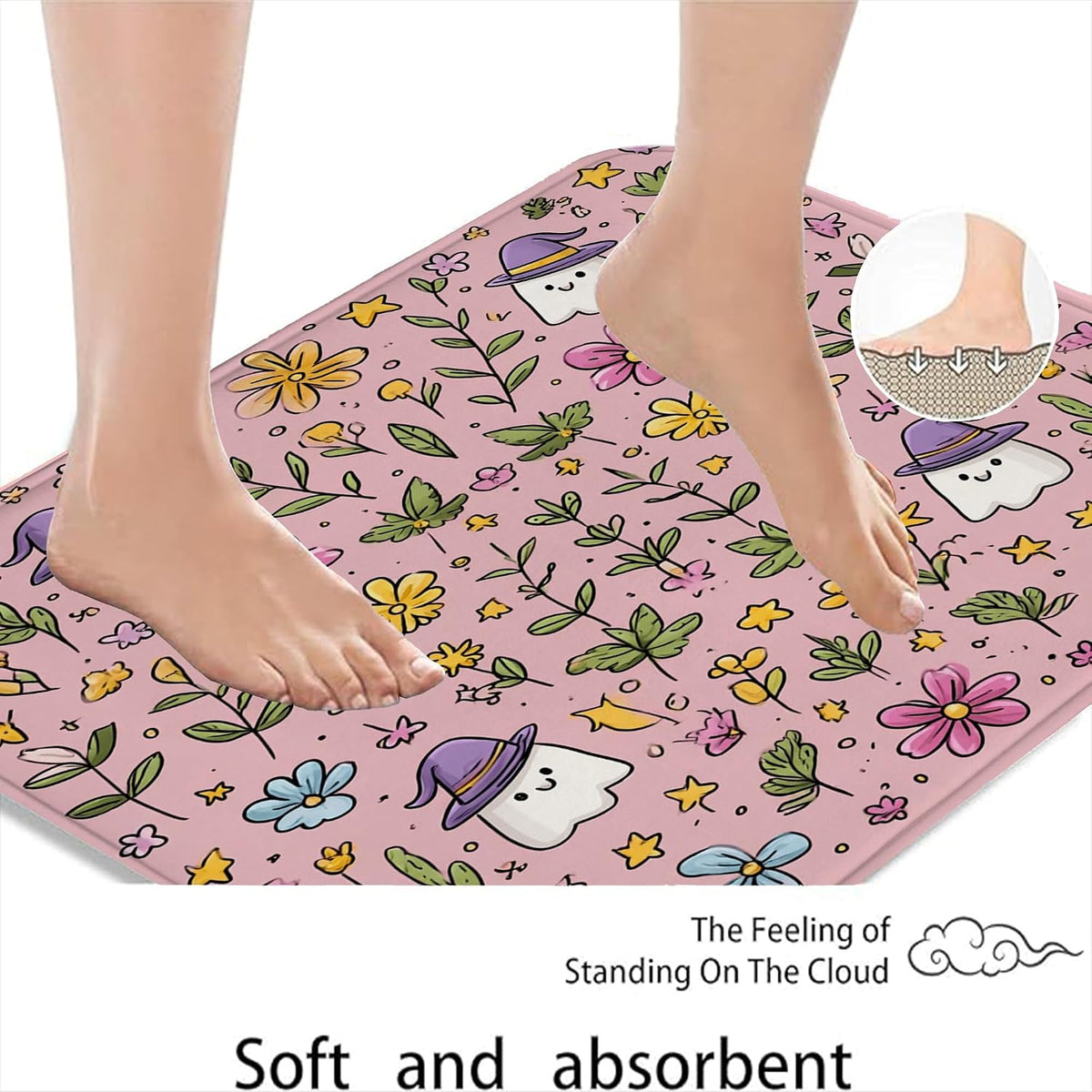 Floral Quick Dry Bath Mat, Cute Peach Flowers Pattern Absorbent Non Slip Shower Mat, Spring Memory Foam Washable Bath Rugs for Bathroom Decorative 20x32 Inch