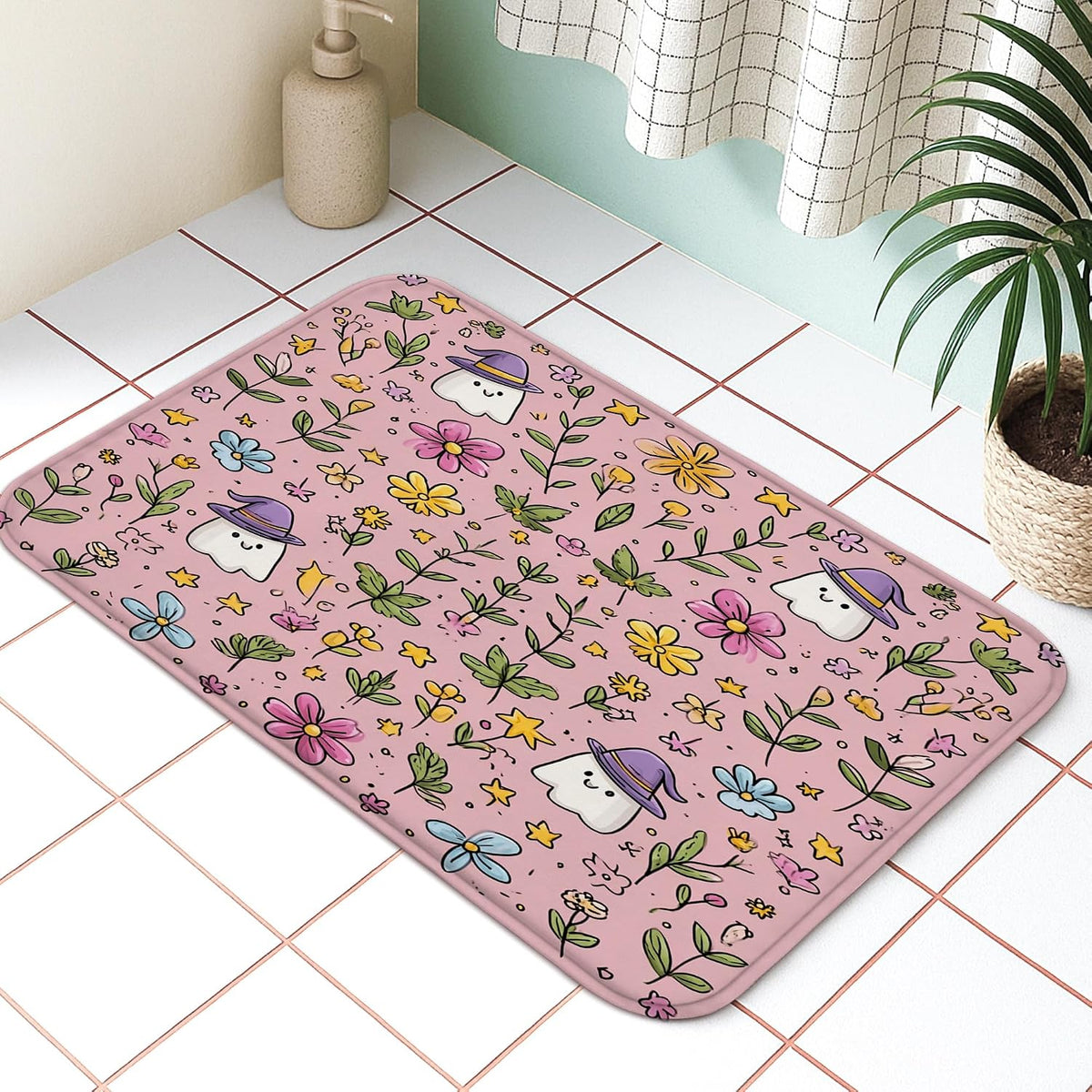 Floral Quick Dry Bath Mat, Cute Peach Flowers Pattern Absorbent Non Slip Shower Mat, Spring Memory Foam Washable Bath Rugs for Bathroom Decorative 20x32 Inch