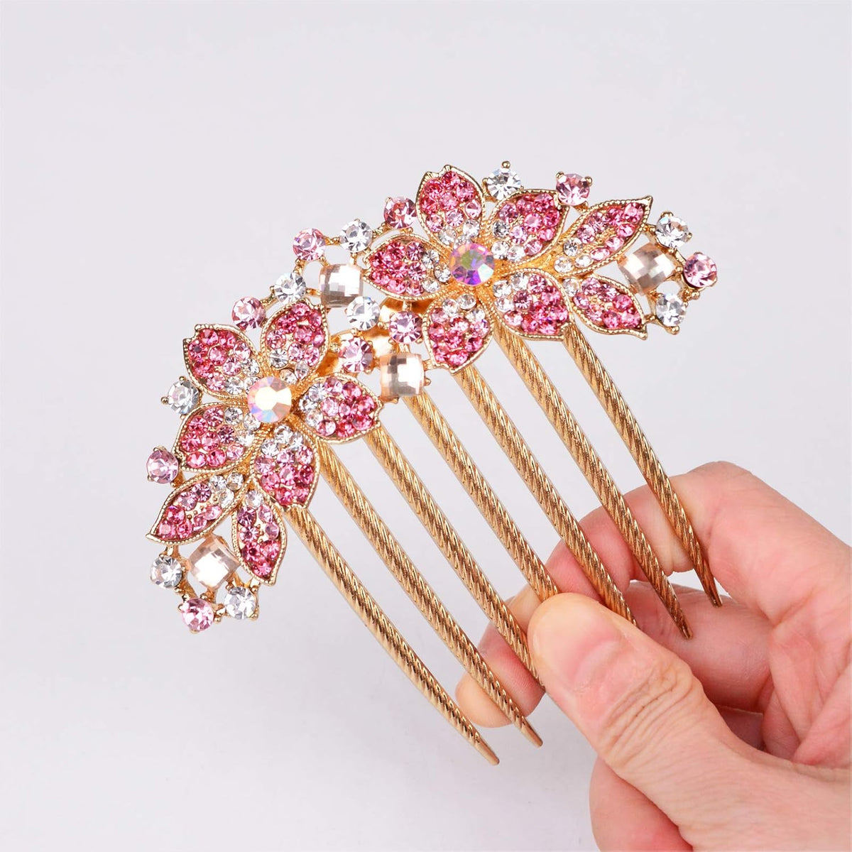 Women Rhinestone Inlaid Flower Hair Comb Hairpin Barrette Accessory,Also Perfect Mother's Day Gifts for Mom (Pink)
