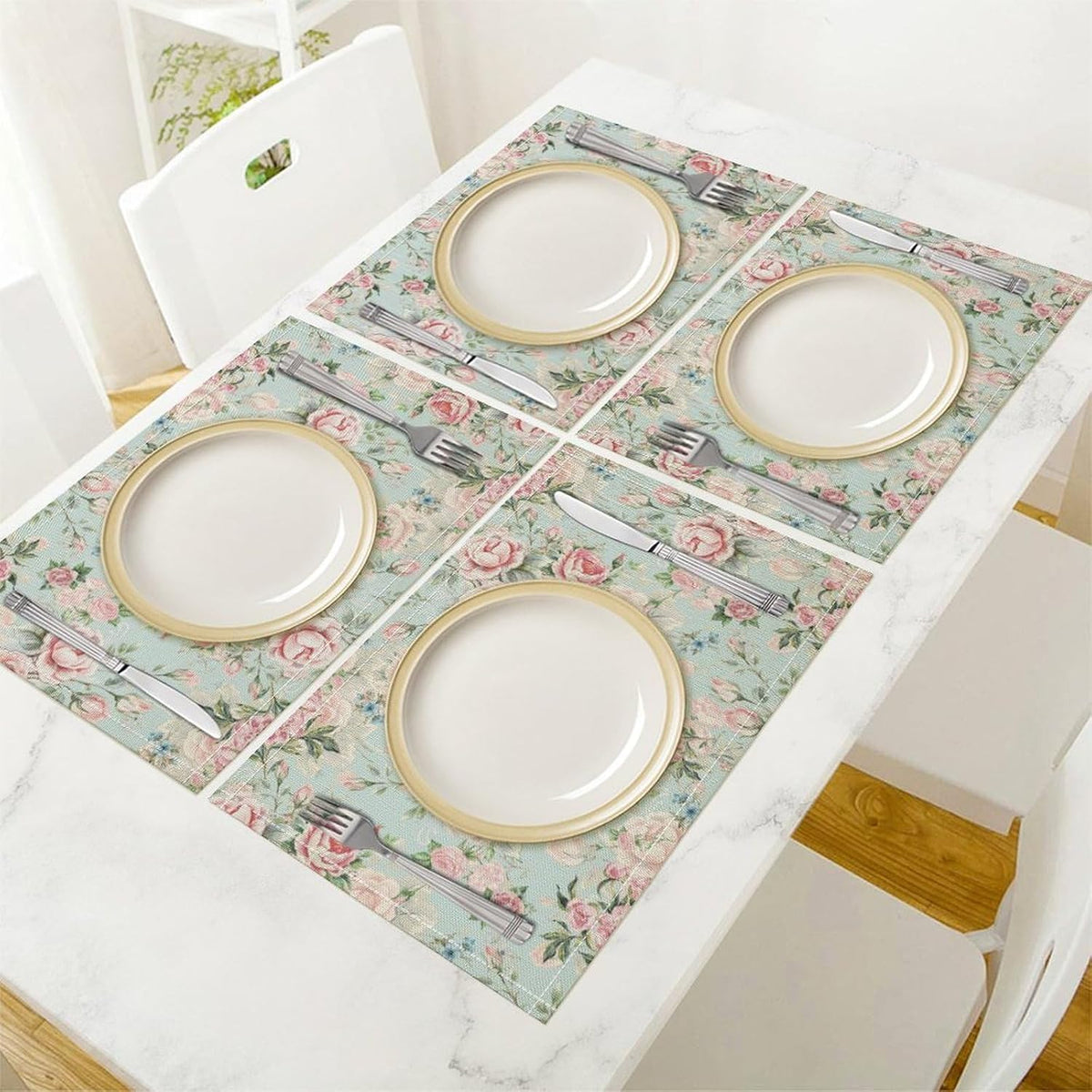 Pink Flowers Placemats Set of 4, 17x12 Inch Rustic Spring Floral Blossom Natural Romantic Table Mats for Home Party Kitchen Dining Decor