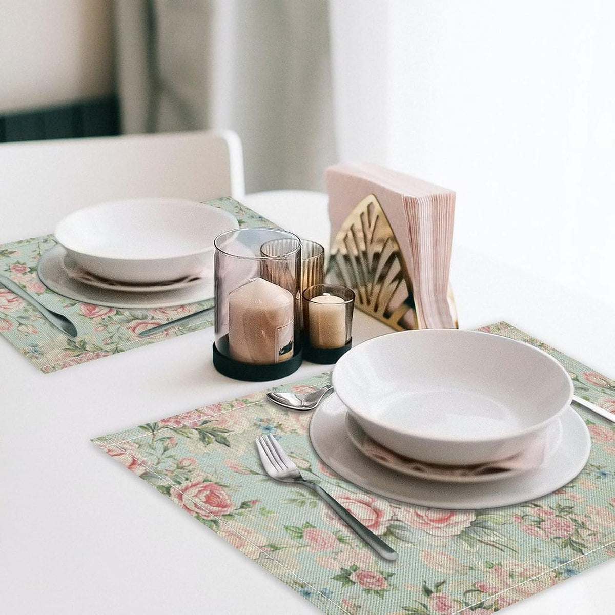 Pink Flowers Placemats Set of 4, 17x12 Inch Rustic Spring Floral Blossom Natural Romantic Table Mats for Home Party Kitchen Dining Decor