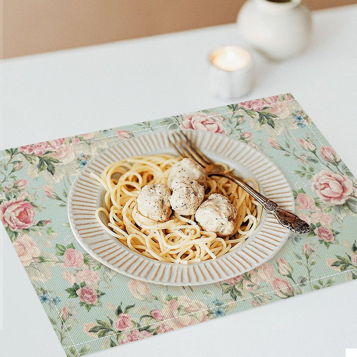 Pink Flowers Placemats Set of 4, 17x12 Inch Rustic Spring Floral Blossom Natural Romantic Table Mats for Home Party Kitchen Dining Decor