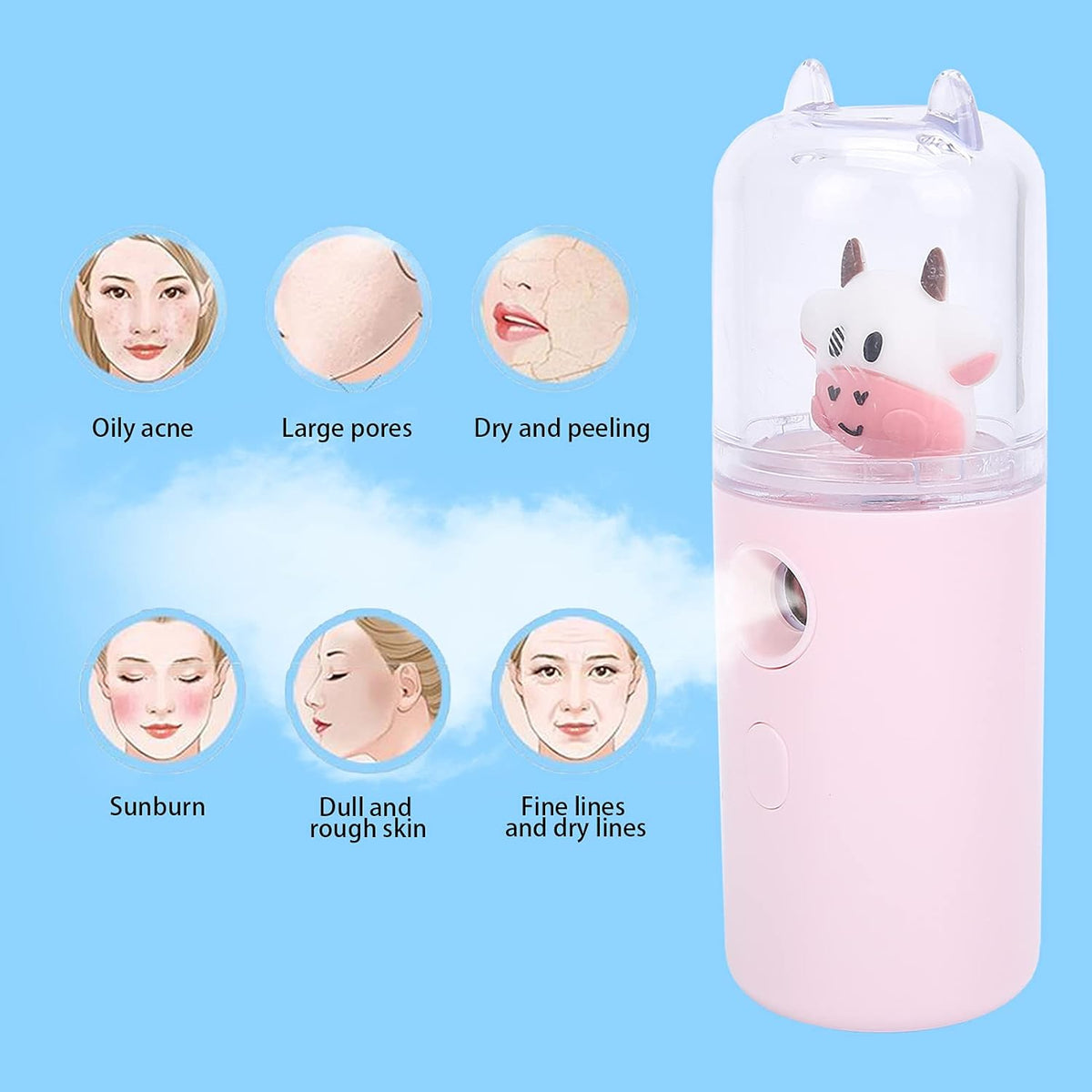 Nano Facial Mister, Cute Cartoon Animal Facial Mist Sprayer Mini Hydrating Moisturizing Cool Mist Handheld Facial Sprayer Portable Home Office Skin Moisturizing Spray(pink)