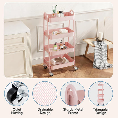 Metal 4 Tiers Rolling Storage Utility Cart with Lockable Wheels