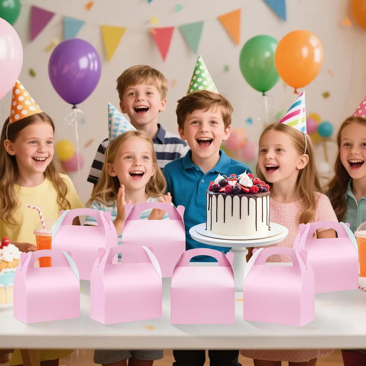 24 Pcs Pink Party Favor Treat Boxes, Pink Paper Candy Gift Gable Boxes for Party Favors, Goodie Box for Birthday Wedding Spring Baby Shower Parties Supplies Decorations, 6 x 3.5 x 3 Inches