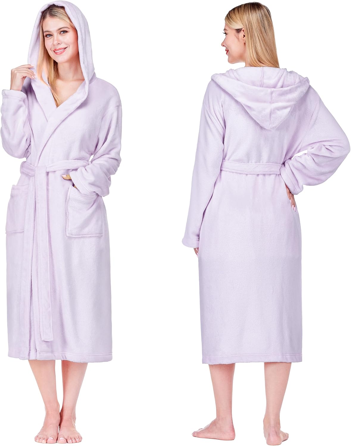 Womens Hooded Fleece Robe, Soft Plush Long Bathrobe with Hood