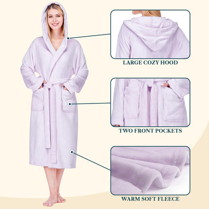 Womens Hooded Fleece Robe, Soft Plush Long Bathrobe with Hood