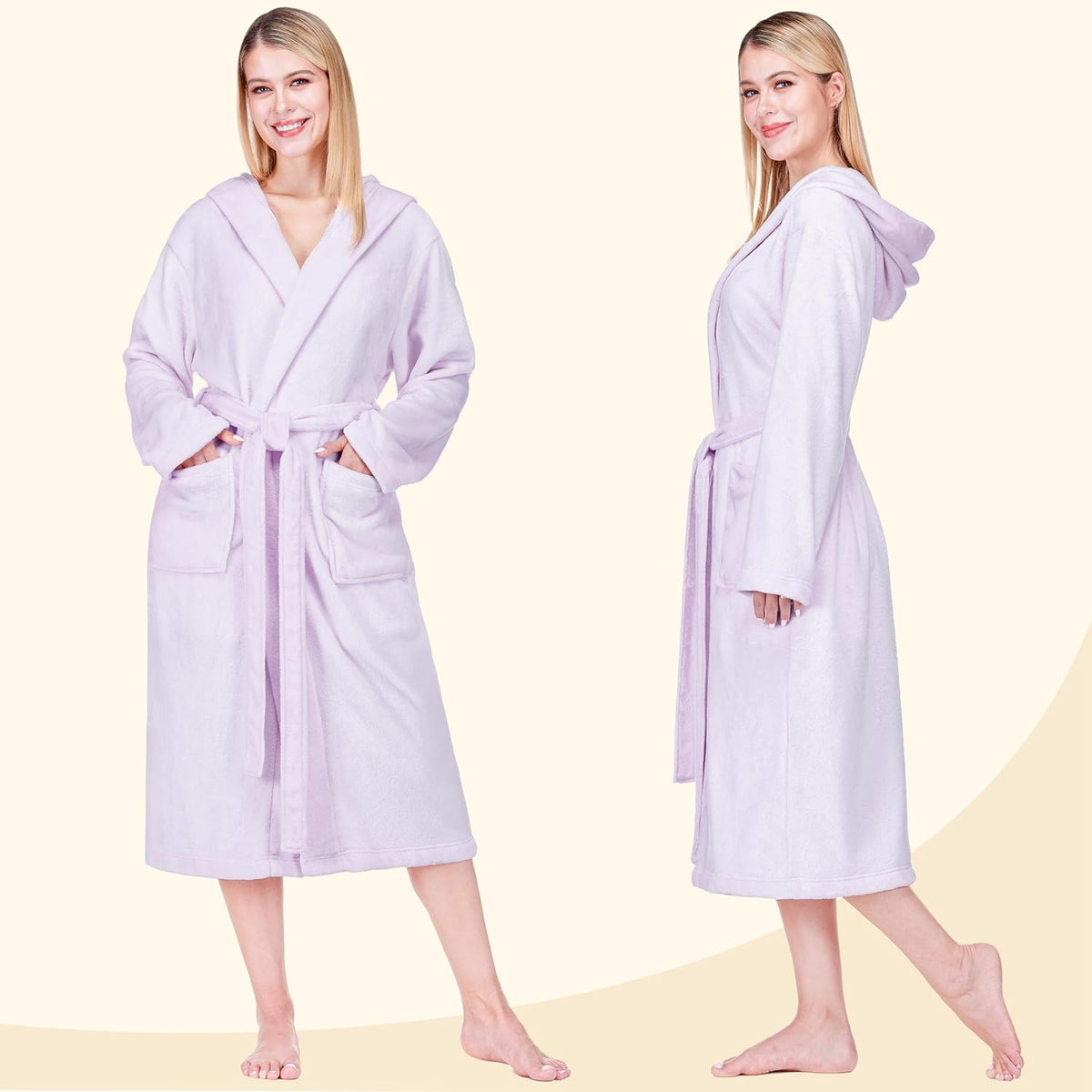 Womens Hooded Fleece Robe, Soft Plush Long Bathrobe with Hood