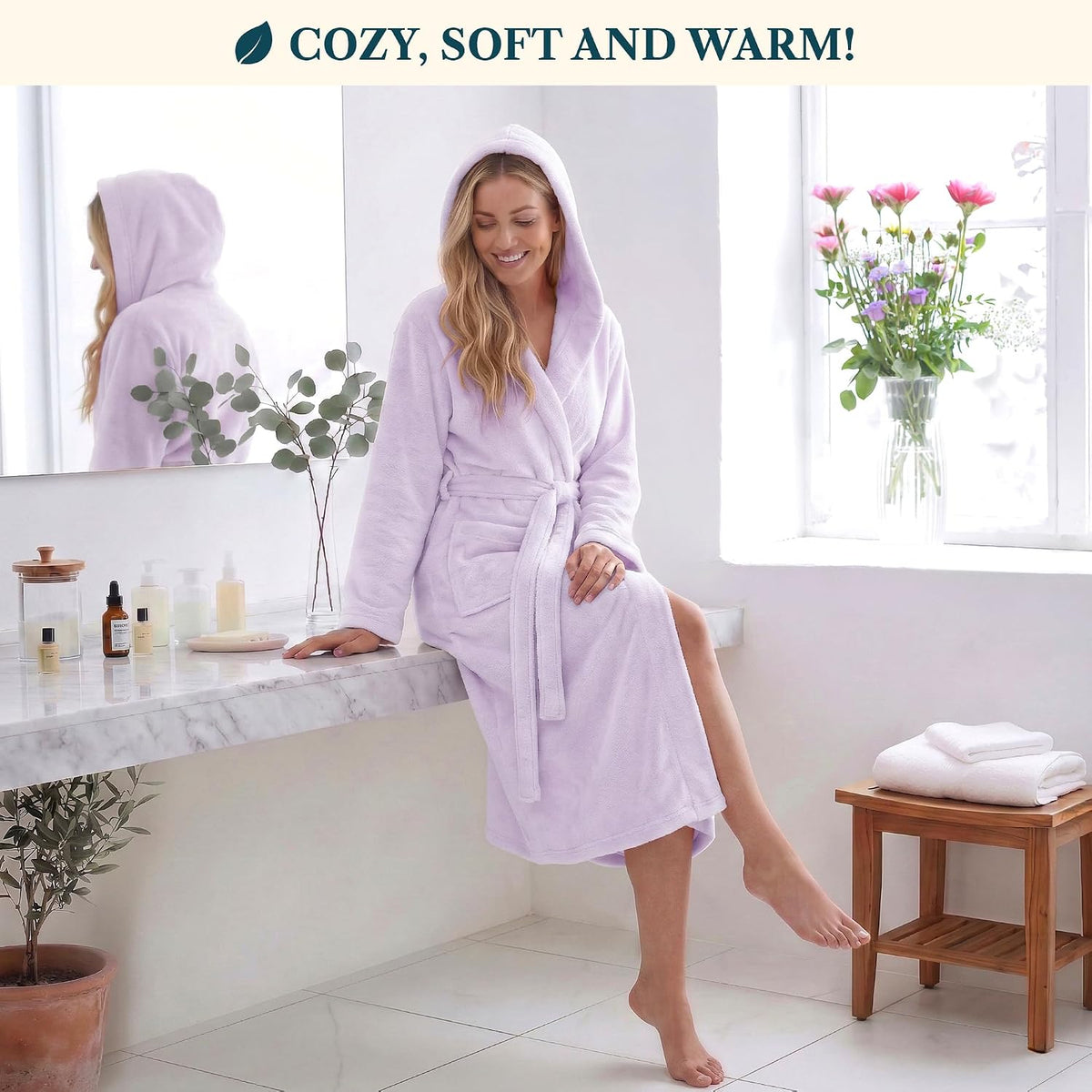 Womens Hooded Fleece Robe, Soft Plush Long Bathrobe with Hood