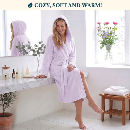 Womens Hooded Fleece Robe, Soft Plush Long Bathrobe with Hood
