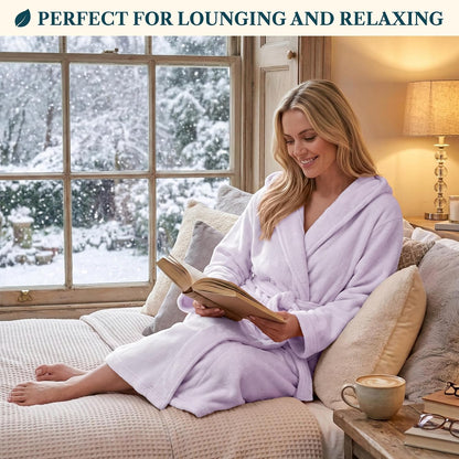 Womens Hooded Fleece Robe, Soft Plush Long Bathrobe with Hood