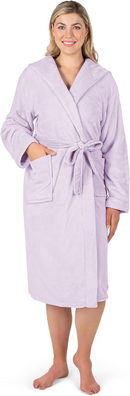 Womens Hooded Fleece Robe, Soft Plush Long Bathrobe with Hood