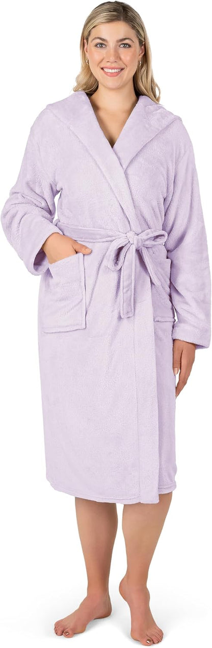 Womens Hooded Fleece Robe, Soft Plush Long Bathrobe with Hood