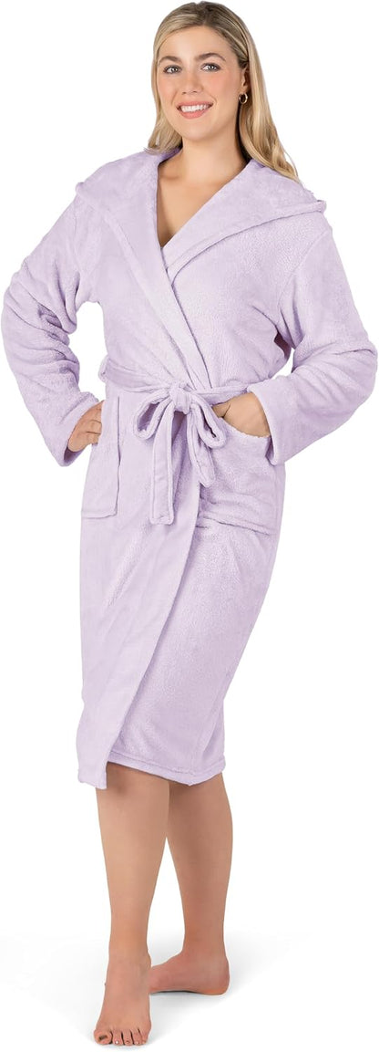 Womens Hooded Fleece Robe, Soft Plush Long Bathrobe with Hood