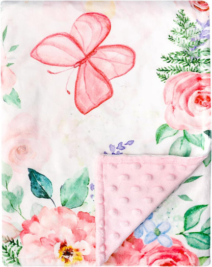 Baby Blankets for Girls, Soft Pink Minky Toddler Blanket 30x40 Inches, Double Layer, Dotted Backing, Floral Baby Crib Blanket for Nursery, Baby Car Seat, Pet, Pink Flower & Butterfly