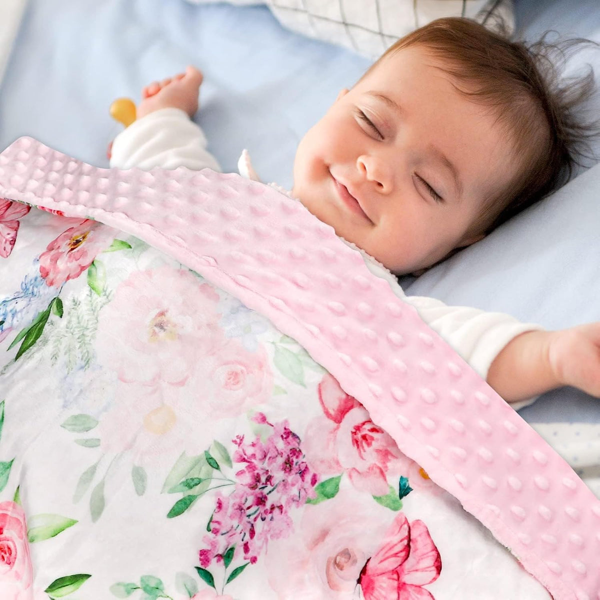 Baby Blankets for Girls, Soft Pink Minky Toddler Blanket 30x40 Inches, Double Layer, Dotted Backing, Floral Baby Crib Blanket for Nursery, Baby Car Seat, Pet, Pink Flower & Butterfly