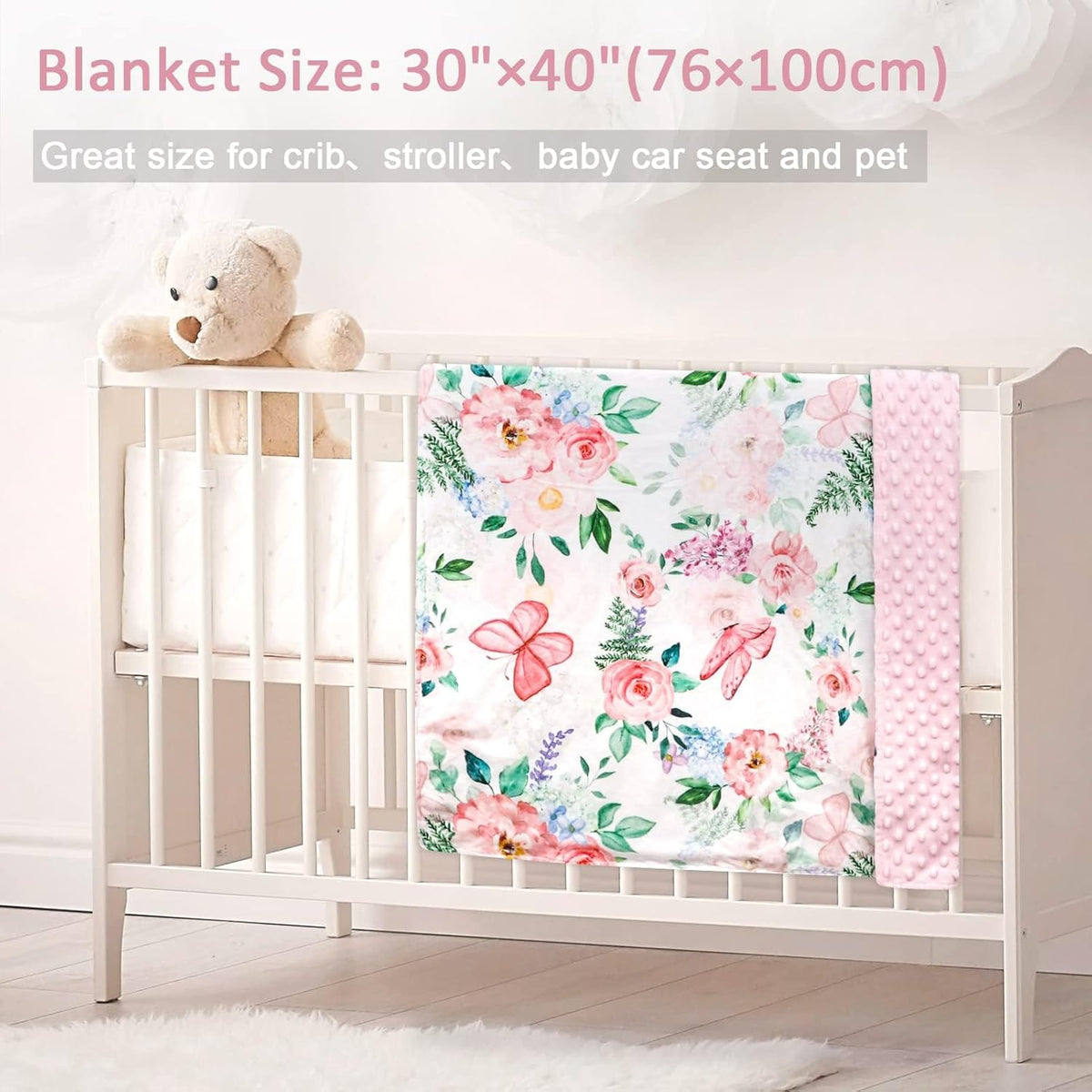 Baby Blankets for Girls, Soft Pink Minky Toddler Blanket 30x40 Inches, Double Layer, Dotted Backing, Floral Baby Crib Blanket for Nursery, Baby Car Seat, Pet, Pink Flower & Butterfly