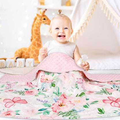 Baby Blankets for Girls, Soft Pink Minky Toddler Blanket 30x40 Inches, Double Layer, Dotted Backing, Floral Baby Crib Blanket for Nursery, Baby Car Seat, Pet, Pink Flower & Butterfly