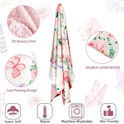Baby Blankets for Girls, Soft Pink Minky Toddler Blanket 30x40 Inches, Double Layer, Dotted Backing, Floral Baby Crib Blanket for Nursery, Baby Car Seat, Pet, Pink Flower & Butterfly