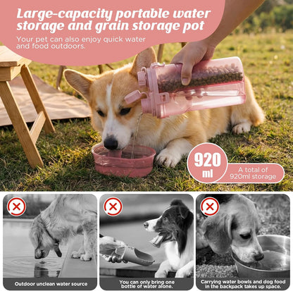 Dog Water Bottle with Food Container,31oz Leakproof 2-in-1 Portable Pet Water Dispenser & Feeder,Dog Travel Water Bottle,Dog Gift Stuff Accessories for Medium Large Dogs Cats Hiking Camping(Pink)