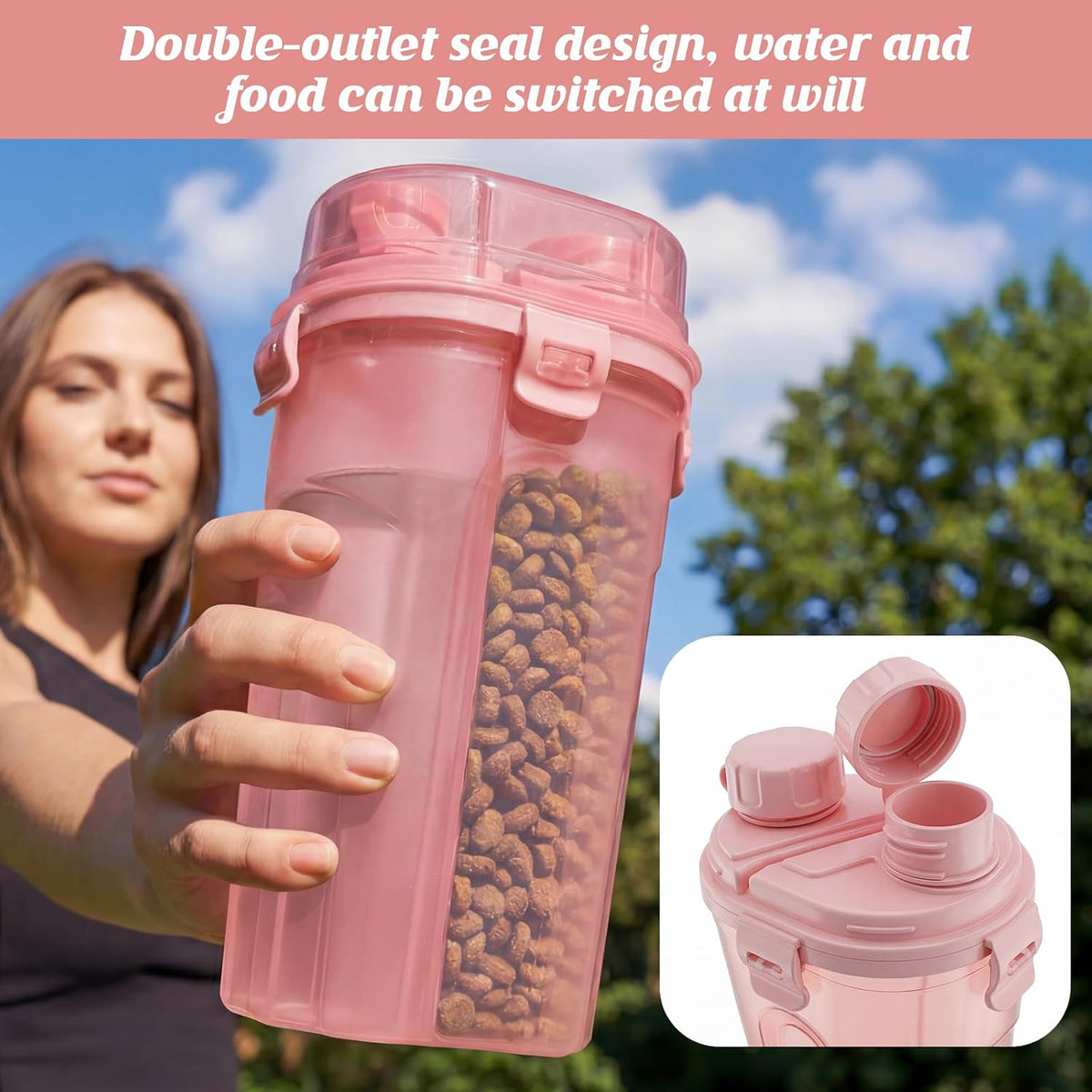 Dog Water Bottle with Food Container,31oz Leakproof 2-in-1 Portable Pet Water Dispenser & Feeder,Dog Travel Water Bottle,Dog Gift Stuff Accessories for Medium Large Dogs Cats Hiking Camping(Pink)