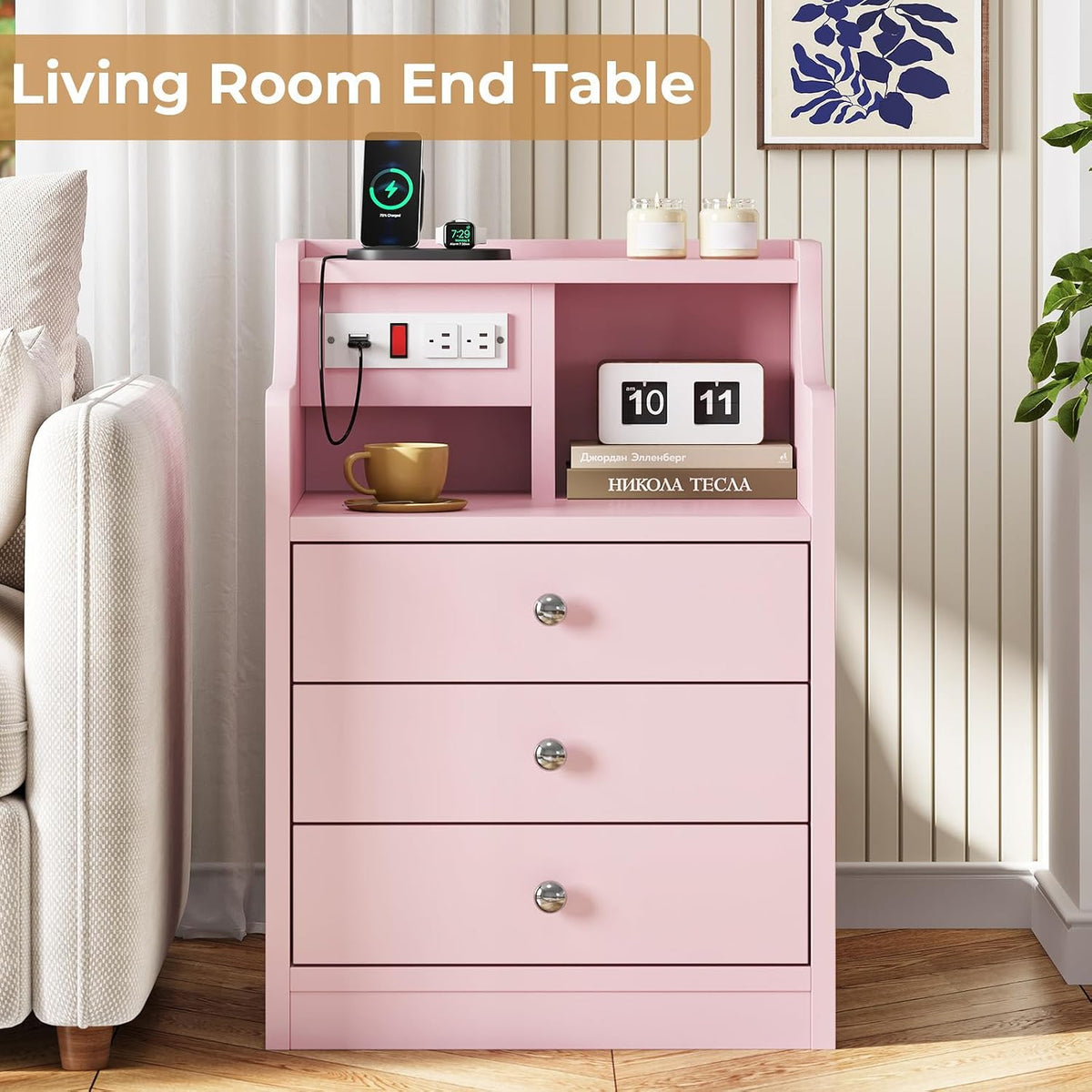 Pink Nightstand with Charging Station
