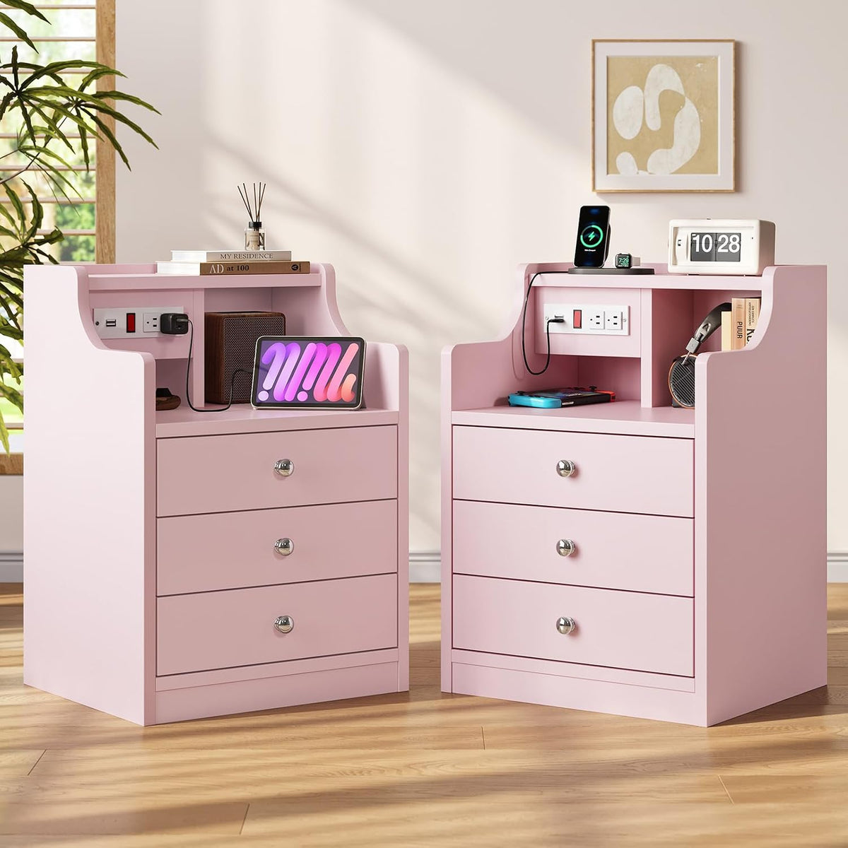 Pink Nightstand with Charging Station