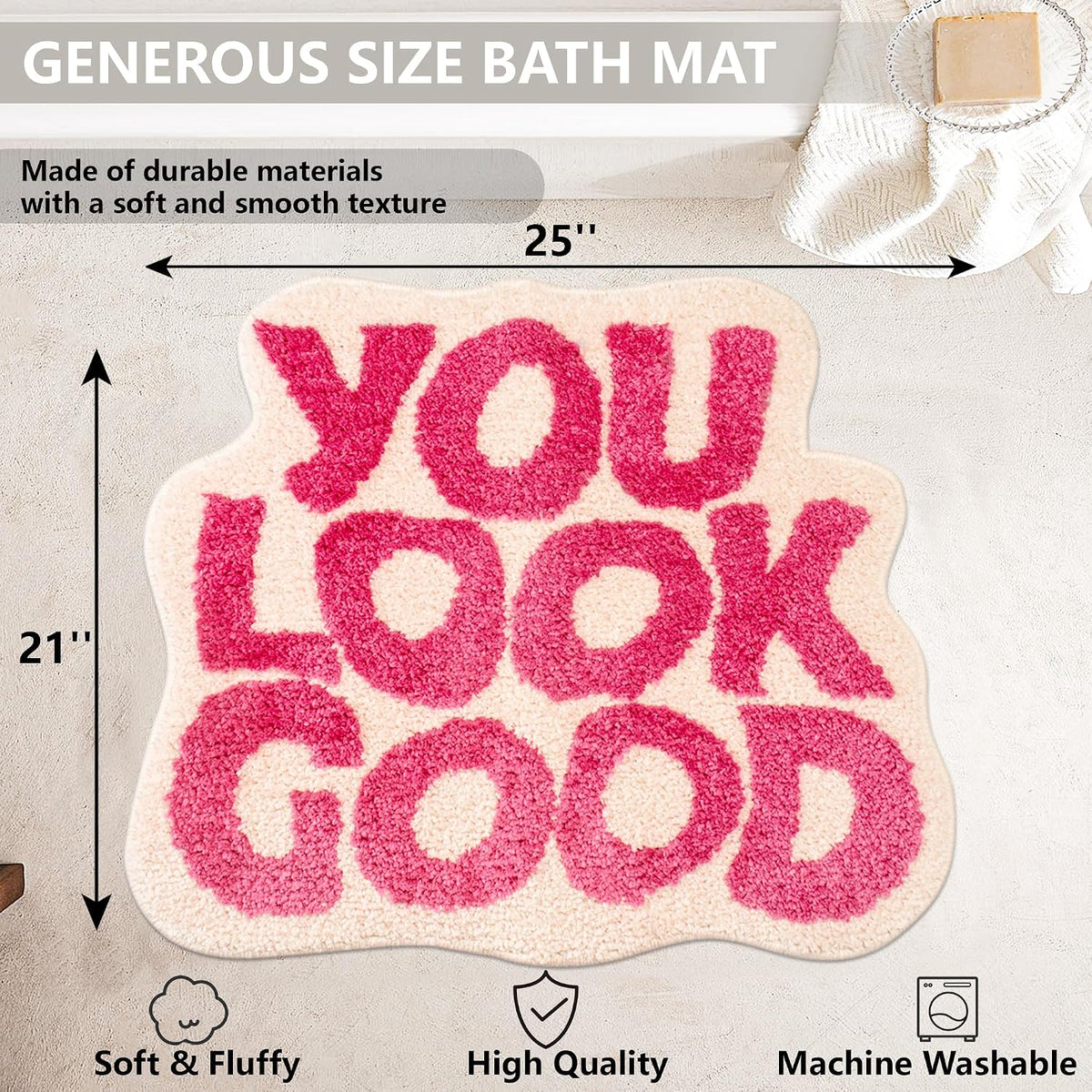 KOEXM You Look Good Bath Mat Pink, Cute Bathroom Rugs for Girls Fun Funny