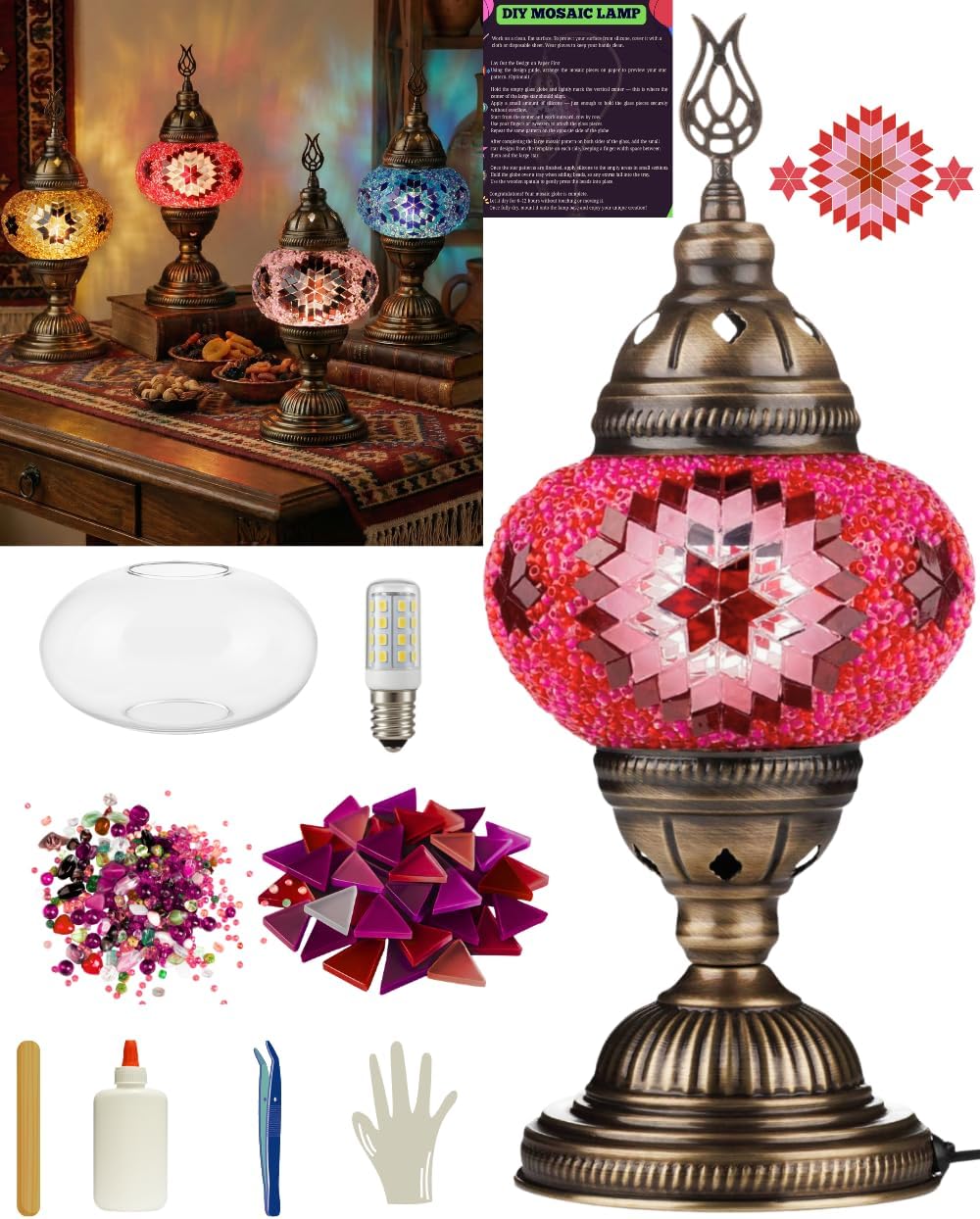 DIY Turkish Moroccan Mosaic Lamp Making Kit – No Grout Needed – Fun, Easy, No Experience Required – Complete Mosaic Art & Craft Project for Adults & Teens – Make Your Own Table Lamp