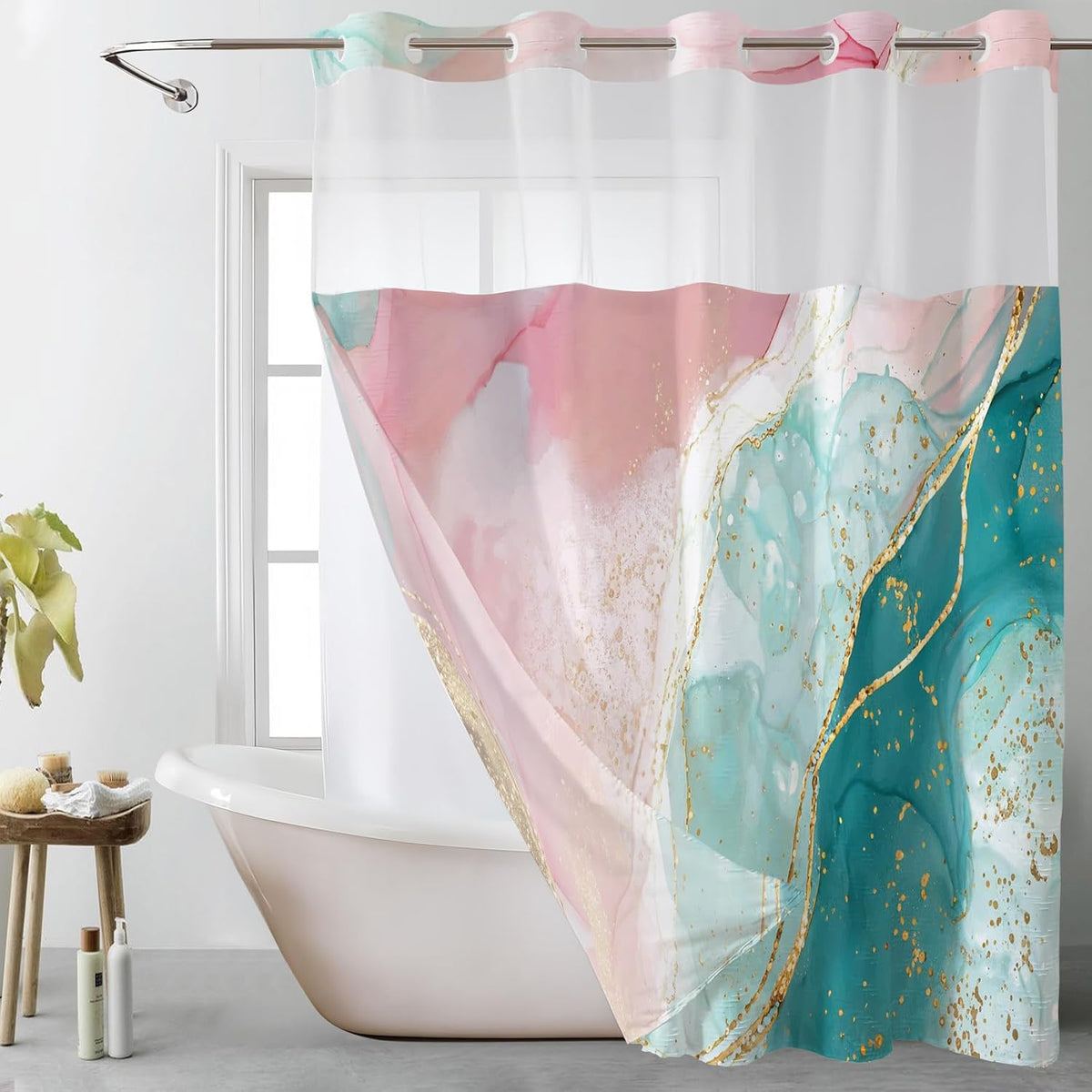 Pink Teal Marble No Hook Shower Curtain and Liner Set Abstract and Modern No Hook Shower Curtain with Snap in Liner Pink and Green Marble Shower Curtains for Bathroom,72 x 74 inch