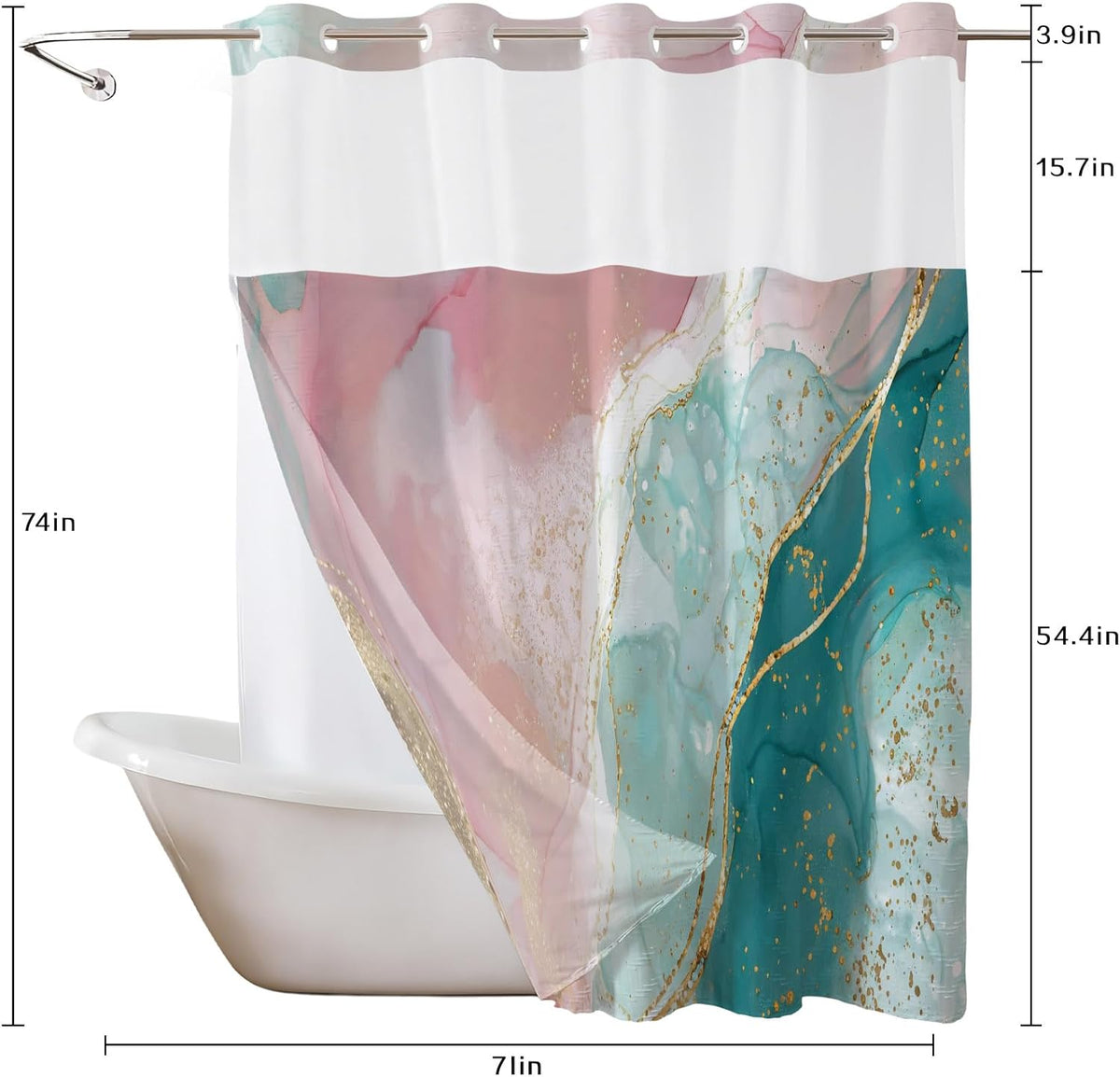 Pink Teal Marble No Hook Shower Curtain and Liner Set Abstract and Modern No Hook Shower Curtain with Snap in Liner Pink and Green Marble Shower Curtains for Bathroom,72 x 74 inch