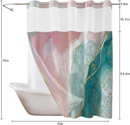 Pink Teal Marble No Hook Shower Curtain and Liner Set Abstract and Modern No Hook Shower Curtain with Snap in Liner Pink and Green Marble Shower Curtains for Bathroom,72 x 74 inch