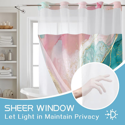 Pink Teal Marble No Hook Shower Curtain and Liner Set Abstract and Modern No Hook Shower Curtain with Snap in Liner Pink and Green Marble Shower Curtains for Bathroom,72 x 74 inch