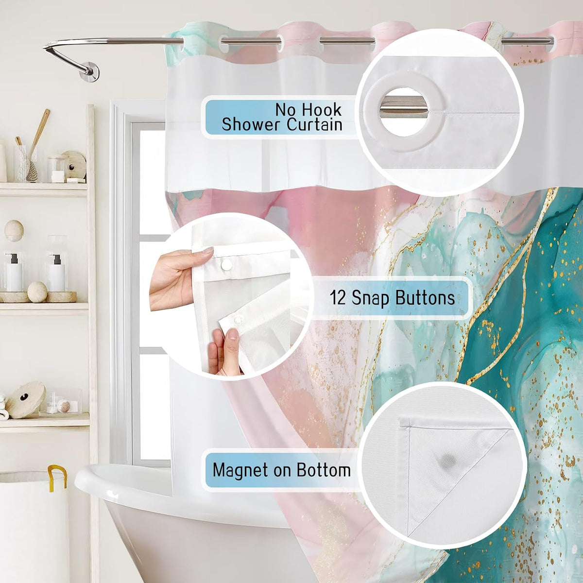 Pink Teal Marble No Hook Shower Curtain and Liner Set Abstract and Modern No Hook Shower Curtain with Snap in Liner Pink and Green Marble Shower Curtains for Bathroom,72 x 74 inch