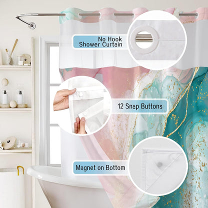 Pink Teal Marble No Hook Shower Curtain and Liner Set Abstract and Modern No Hook Shower Curtain with Snap in Liner Pink and Green Marble Shower Curtains for Bathroom,72 x 74 inch