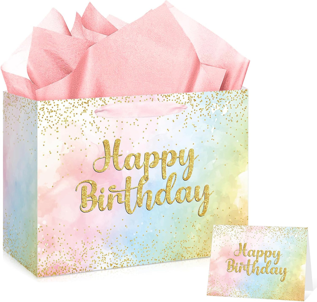 Large Pastel Birthday Gift Bag for Girls Women Pink Watercolor Happy Birthday Bag with Wrapping Paper Card Gold Glitter Rainbow Pastels Paper Bag for Kids Colorful Bday Party Supplies