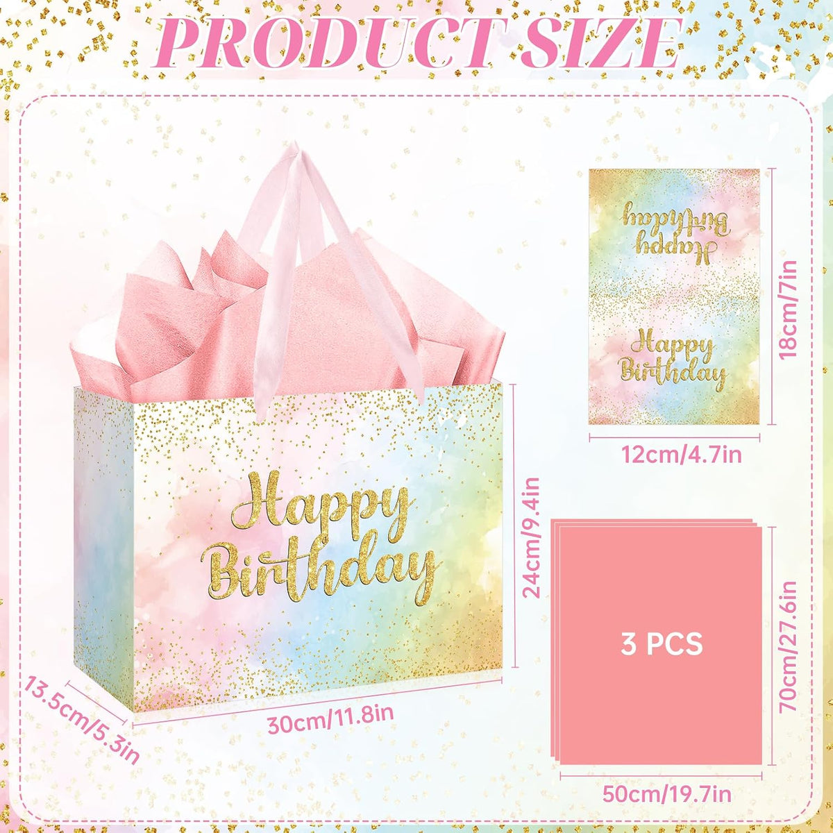 Large Pastel Birthday Gift Bag for Girls Women Pink Watercolor Happy Birthday Bag with Wrapping Paper Card Gold Glitter Rainbow Pastels Paper Bag for Kids Colorful Bday Party Supplies