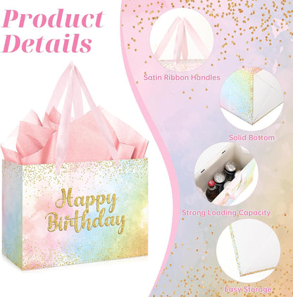 Large Pastel Birthday Gift Bag for Girls Women Pink Watercolor Happy Birthday Bag with Wrapping Paper Card Gold Glitter Rainbow Pastels Paper Bag for Kids Colorful Bday Party Supplies