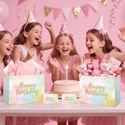 Large Pastel Birthday Gift Bag for Girls Women Pink Watercolor Happy Birthday Bag with Wrapping Paper Card Gold Glitter Rainbow Pastels Paper Bag for Kids Colorful Bday Party Supplies