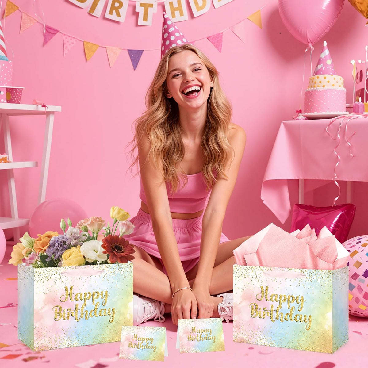 Large Pastel Birthday Gift Bag for Girls Women Pink Watercolor Happy Birthday Bag with Wrapping Paper Card Gold Glitter Rainbow Pastels Paper Bag for Kids Colorful Bday Party Supplies