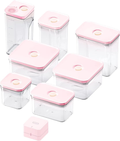 Premium Airtight Food Storage Containers ROSE 8P/SET, 6pcs Container, 1pcs Water Pitcher and Vacuum Sealer. Patented Double Silicone Lining, 100% Leak Proof, BPA-FREE